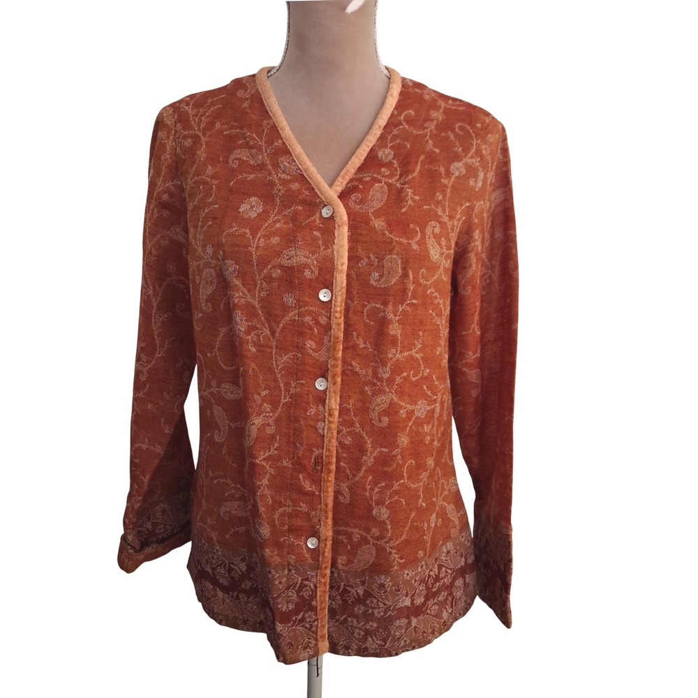 The Territory Ahead Orange Wool Paisley Velvet Trim Cardigan Sweater Small